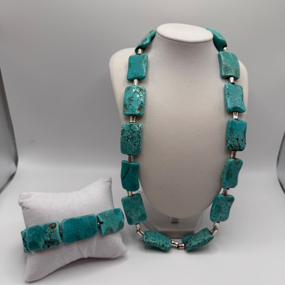 Southwestern Turquoise Slab Necklace and Bracelet Set Silver Tone Gold Veins